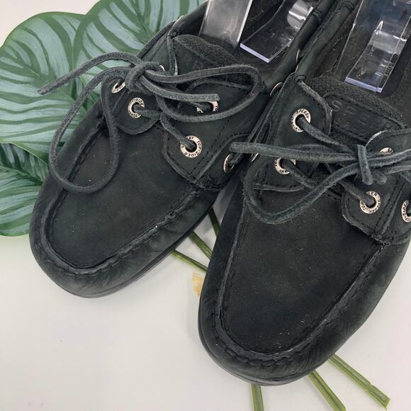 Sperry Top-Sider Black Bluefish 2-Eye Leather Slip On Tie Accent Boat Shoes - Picture 2 of 10